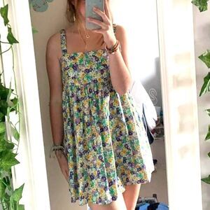 Zara Floral Poplin Mini Dress Tie Back Bow Babydoll Empire Waist 100% Cotton